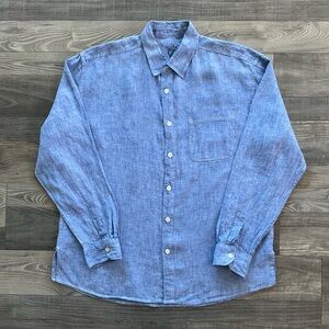 HIHO 100% Linen Button Up Long Sleeve Shirt Men’s LARGE Blue Lightweight